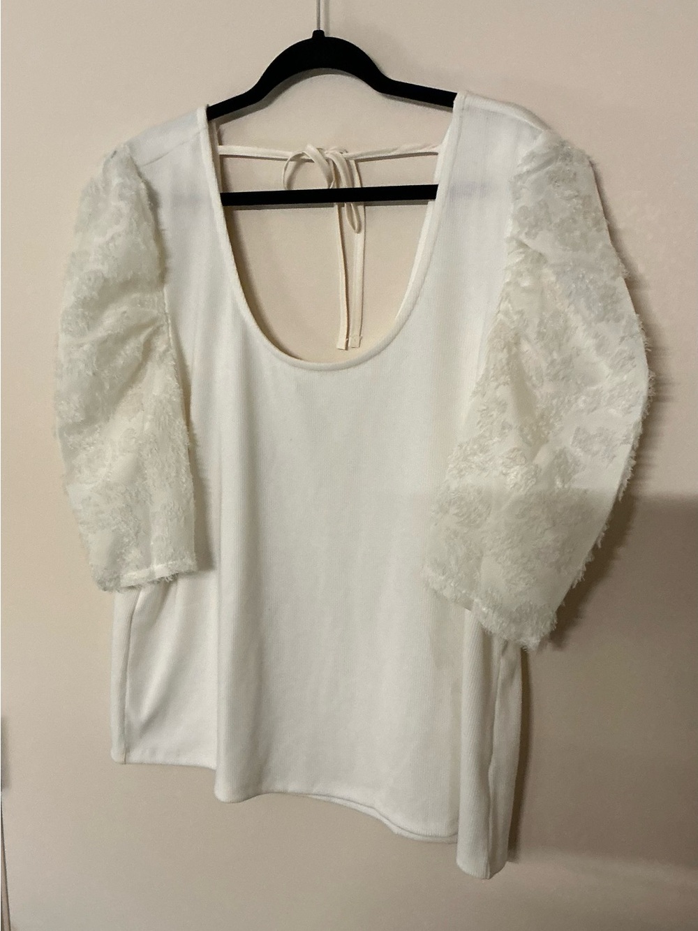 Maurices White Scoop Neck Blouse with Lace Puff Sleeves